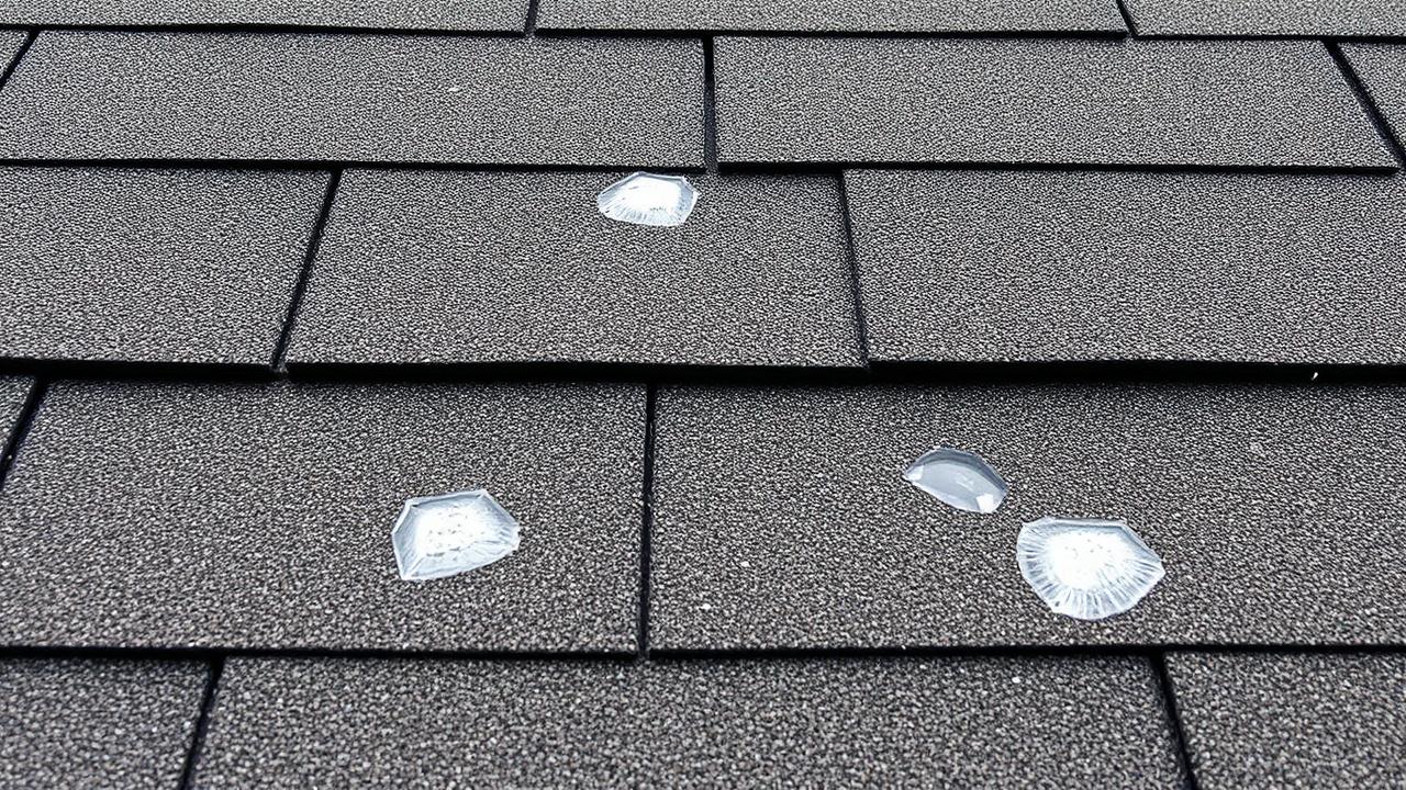 Close-up of hail-damaged asphalt shingles showing granule loss and impact dents