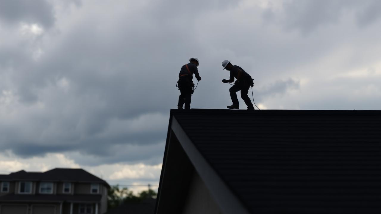 Silhouetted roofing crew completing repairs on a residential roof against a cloudy Texas sky