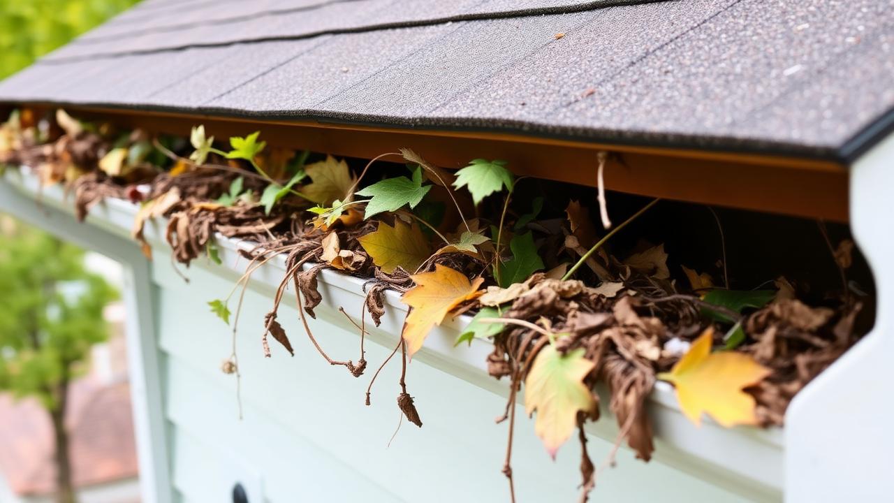 Close-up of a residential gutter clogged with leaves and debris along the roof edge